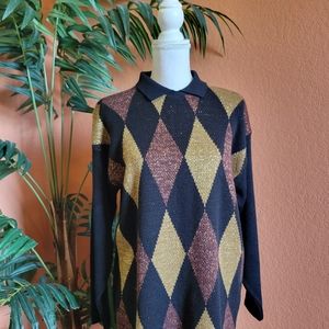 Vintage Mathias Sweater Diamond Print Shimmer Collar Tunic USA Medium
